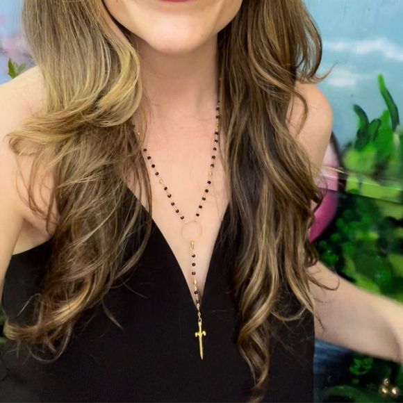 Jewelry - 14K Gold Pyrite & Onyx Crystal wire wrapped rosary necklace with Excalibur Sword